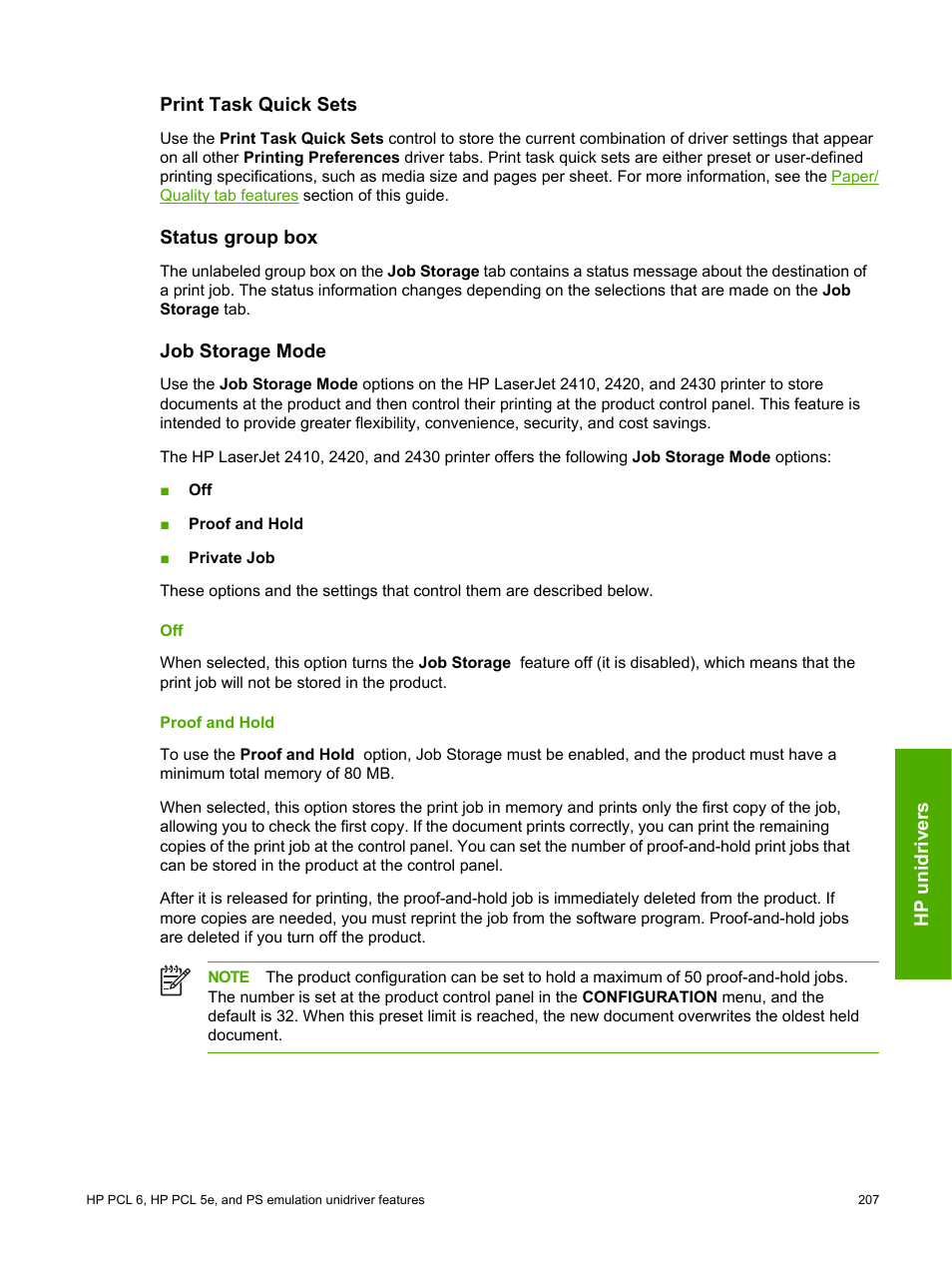 Print task quick sets, Status group box, Job storage mode | Proof and hold, Off proof and hold | HP 2420 User Manual | Page 223 / 334