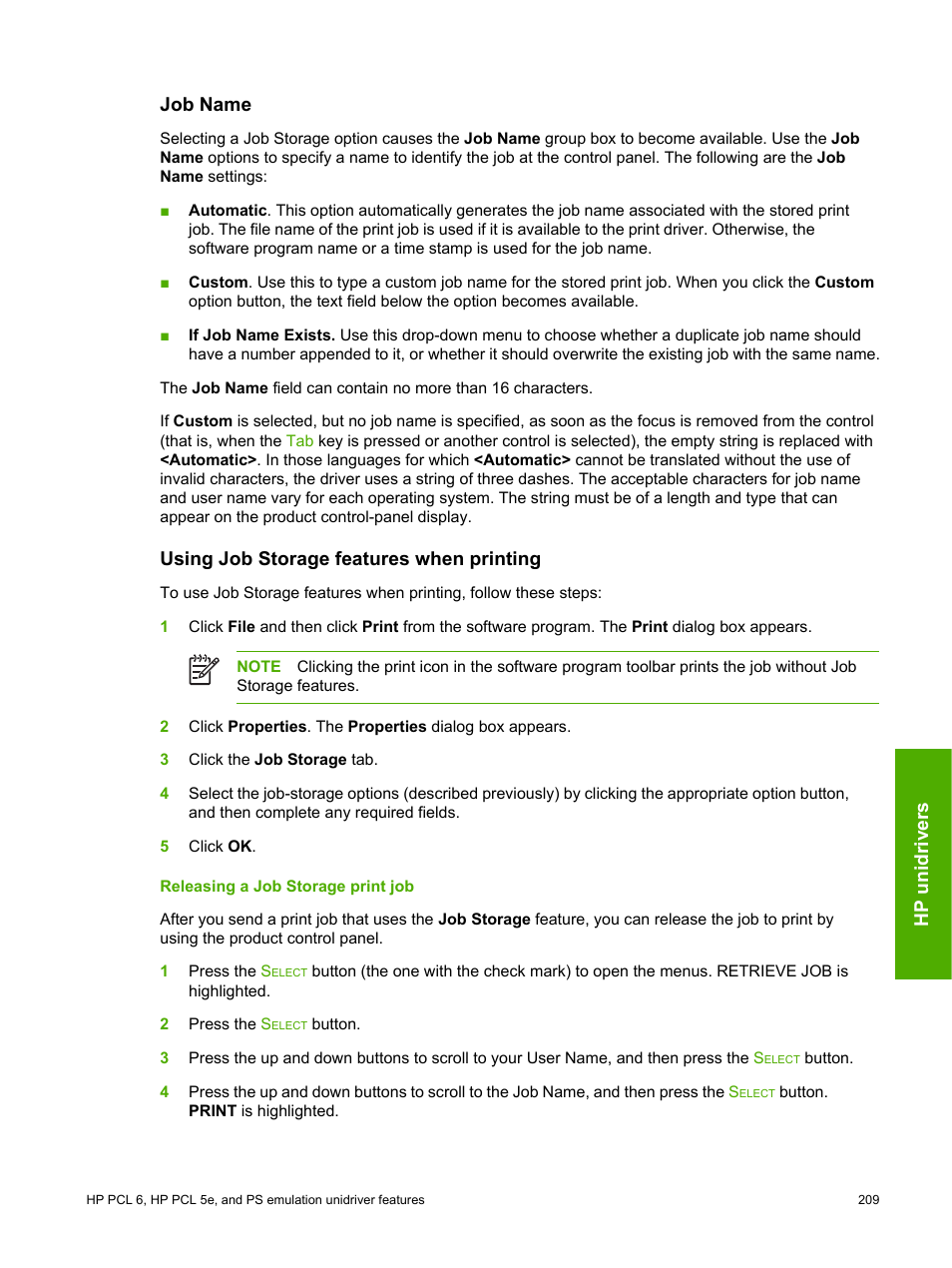 Job name, Using job storage features when printing, Releasing a job storage print job | Job name using job storage features when printing | HP 2420 User Manual | Page 225 / 334