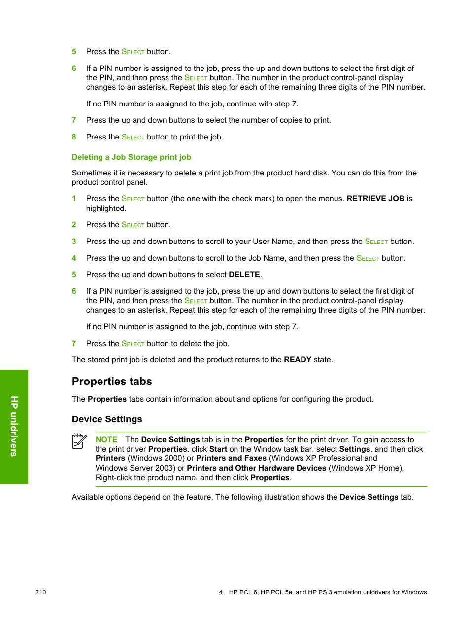 Deleting a job storage print job, Properties tabs, Device settings | Hp unidrivers | HP 2420 User Manual | Page 226 / 334