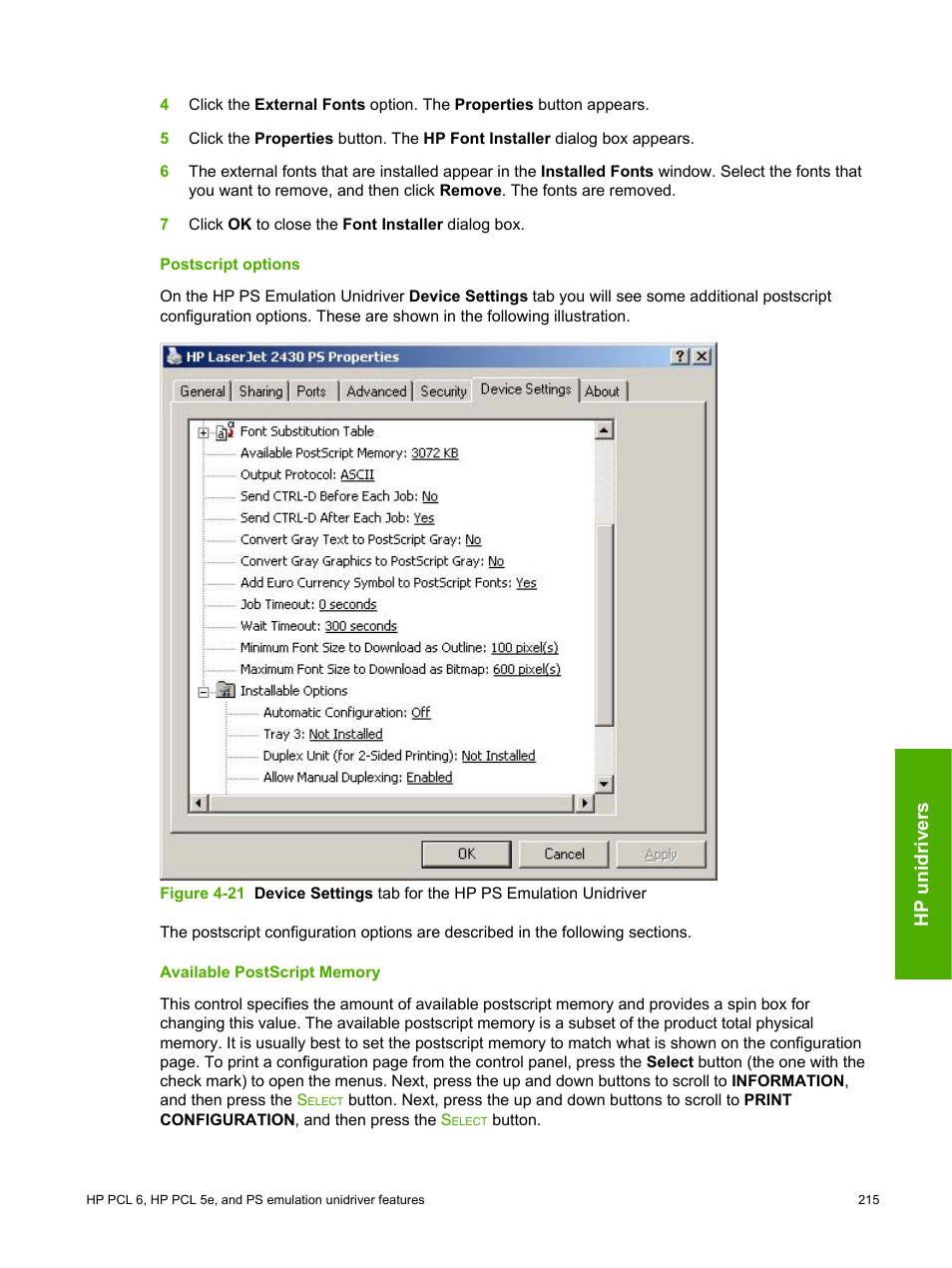 Postscript options, Available postscript memory, Hp unidrivers | HP 2420 User Manual | Page 231 / 334