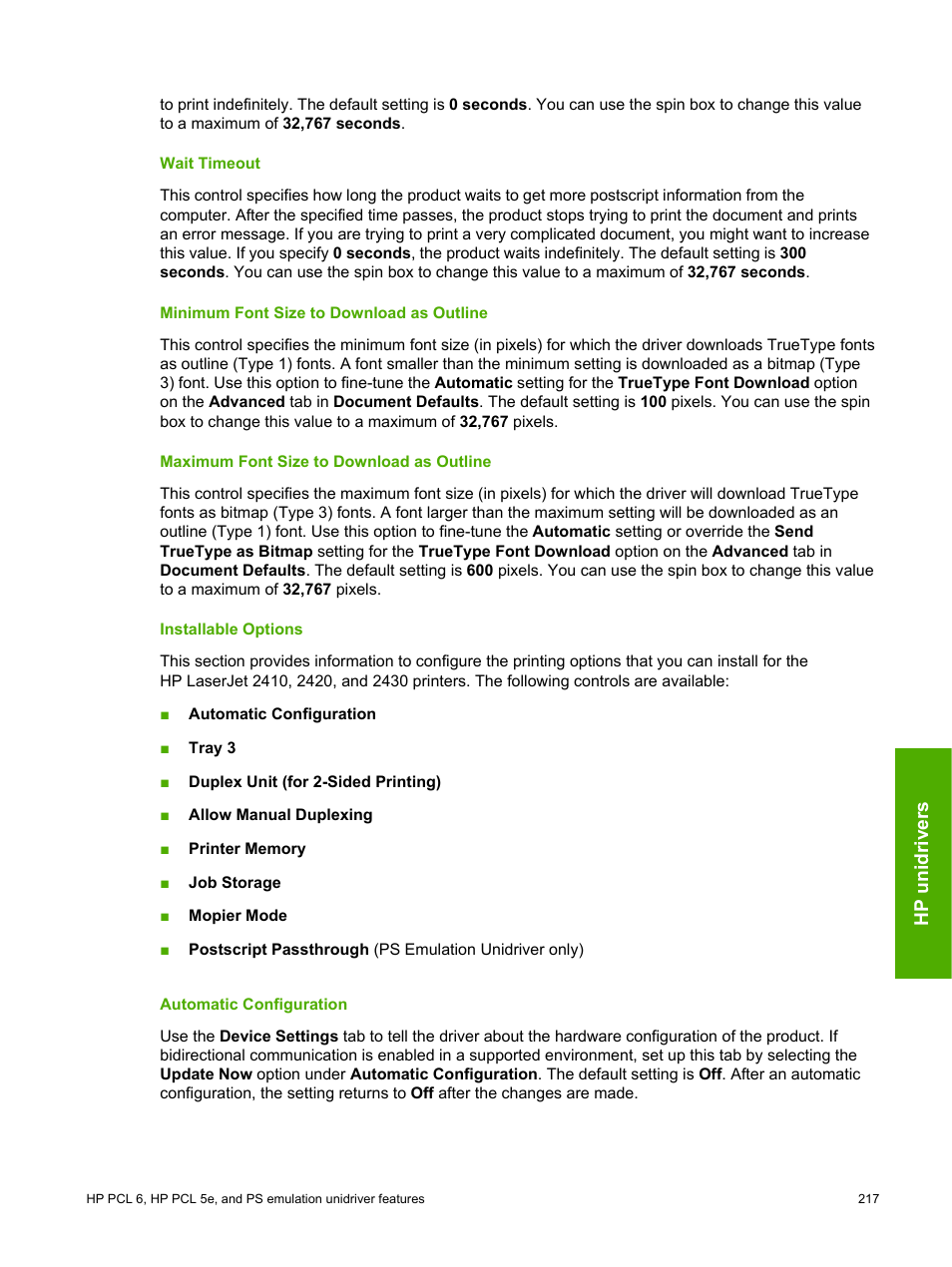 Wait timeout, Minimum font size to download as outline, Maximum font size to download as outline | Installable options, Automatic configuration | HP 2420 User Manual | Page 233 / 334