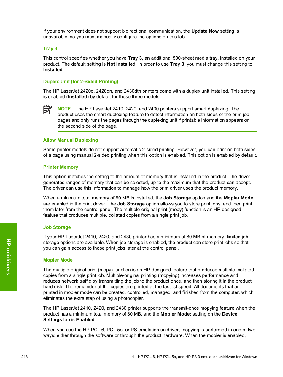 Tray 3, Duplex unit (for 2-sided printing), Allow manual duplexing | Printer memory, Job storage, Mopier mode | HP 2420 User Manual | Page 234 / 334