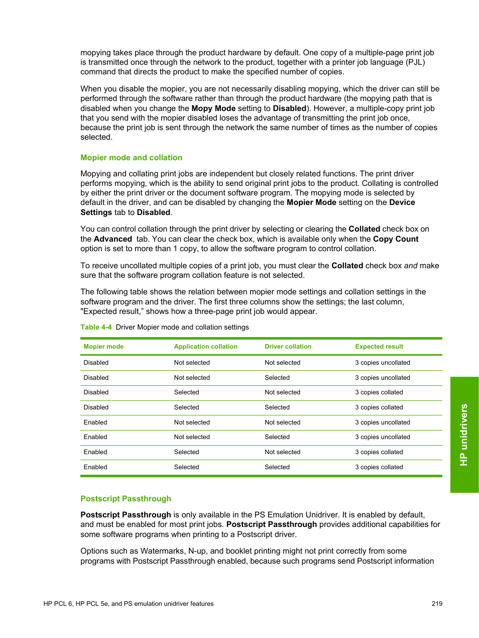 Mopier mode and collation, Postscript passthrough, Hp unidrivers | HP 2420 User Manual | Page 235 / 334