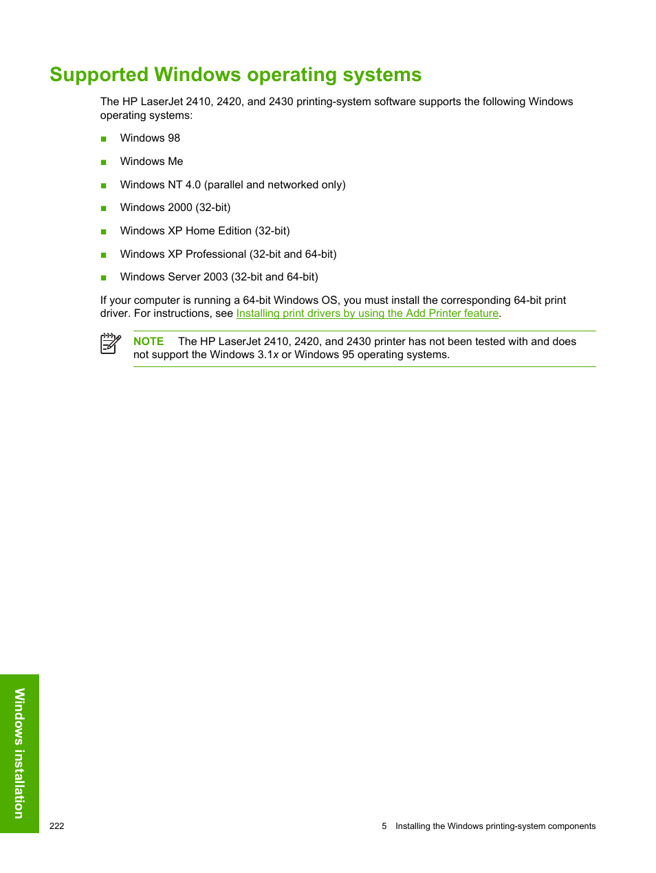 Supported windows operating systems | HP 2420 User Manual | Page 238 / 334