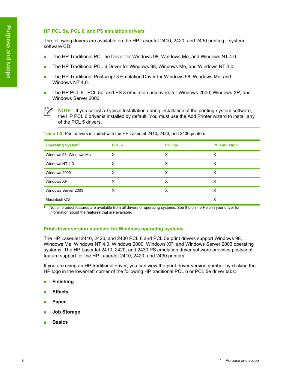 Hp pcl 5e, pcl 6, and ps emulation drivers, Purpose and scope | HP 2420 User Manual | Page 24 / 334