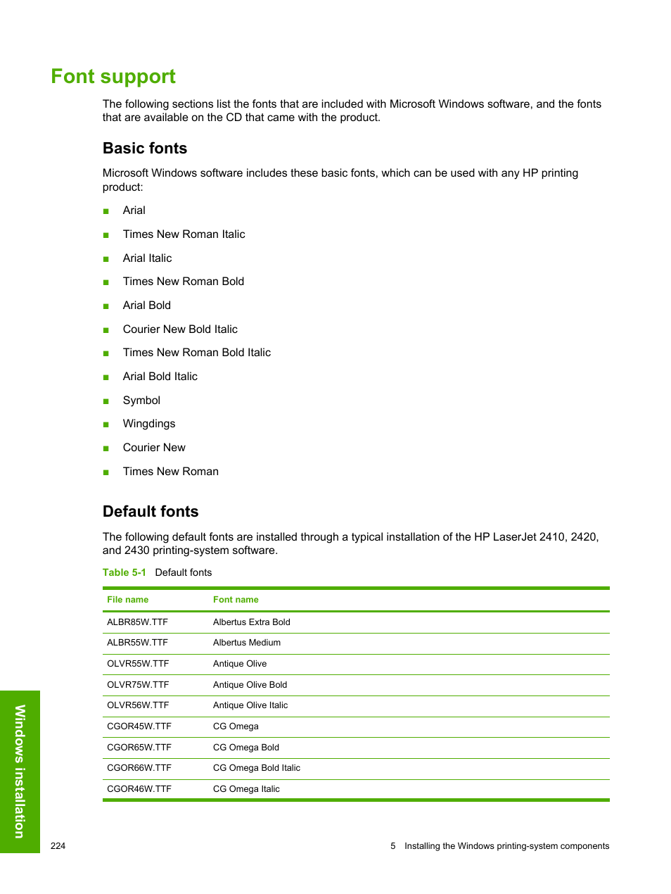 Font support, Basic fonts, Default fonts | Basic fonts default fonts, Windows installation | HP 2420 User Manual | Page 240 / 334