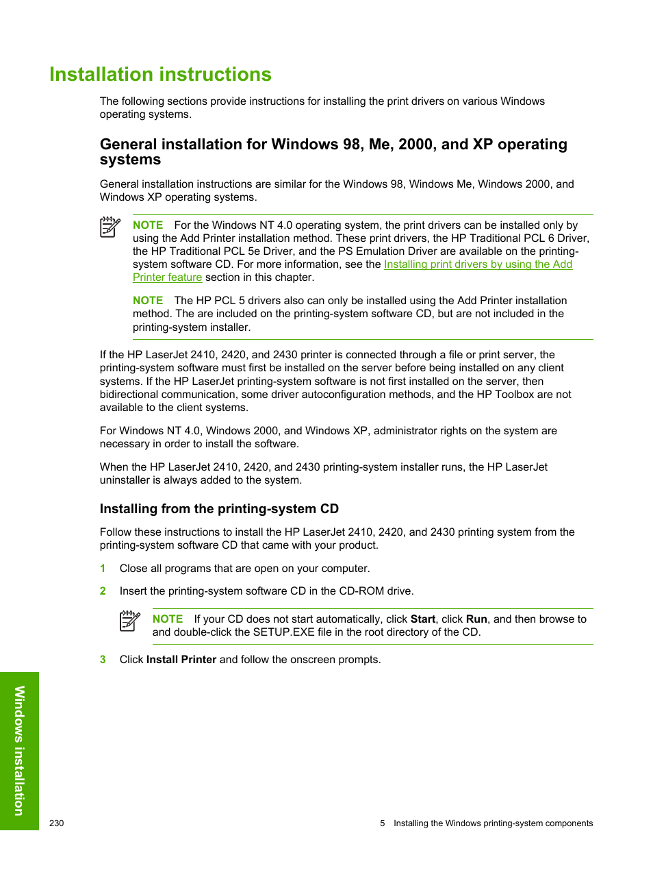 Installation instructions, Installing from the printing-system cd | HP 2420 User Manual | Page 246 / 334