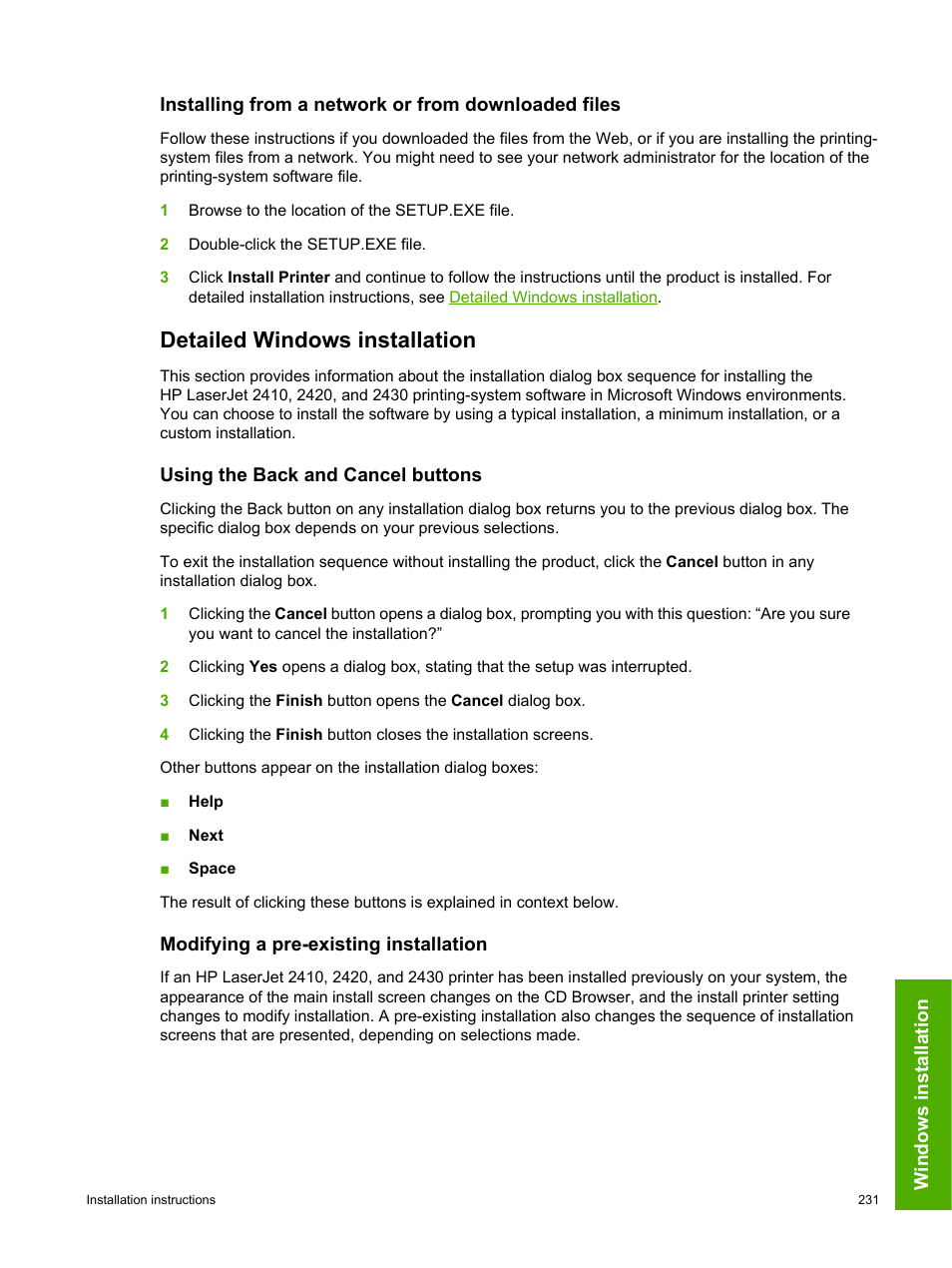 Installing from a network or from downloaded files, Detailed windows installation, Using the back and cancel buttons | Modifying a pre-existing installation | HP 2420 User Manual | Page 247 / 334
