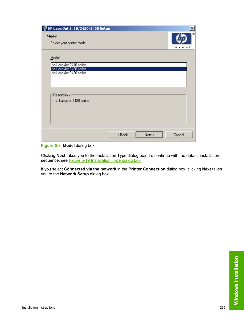 Windows installation | HP 2420 User Manual | Page 255 / 334