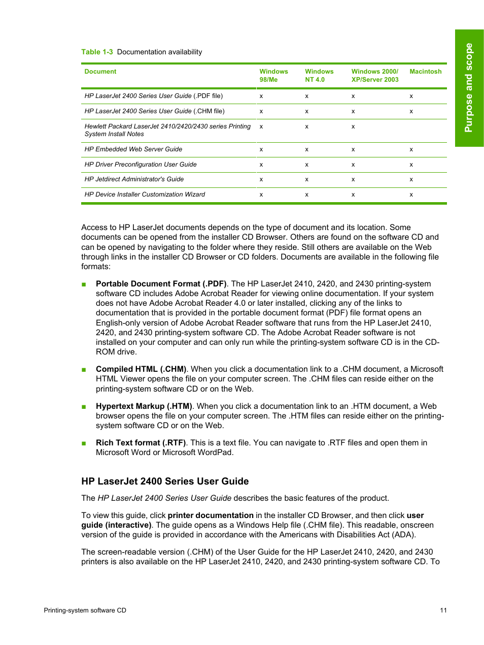 Hp laserjet 2400 series user guide, Purpose and scope | HP 2420 User Manual | Page 27 / 334