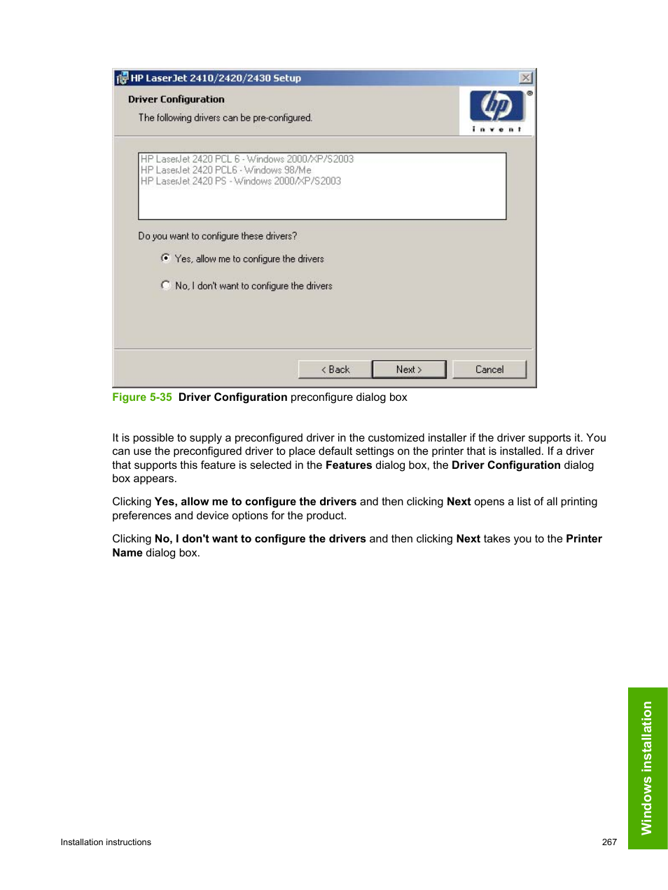 Windows installation | HP 2420 User Manual | Page 283 / 334