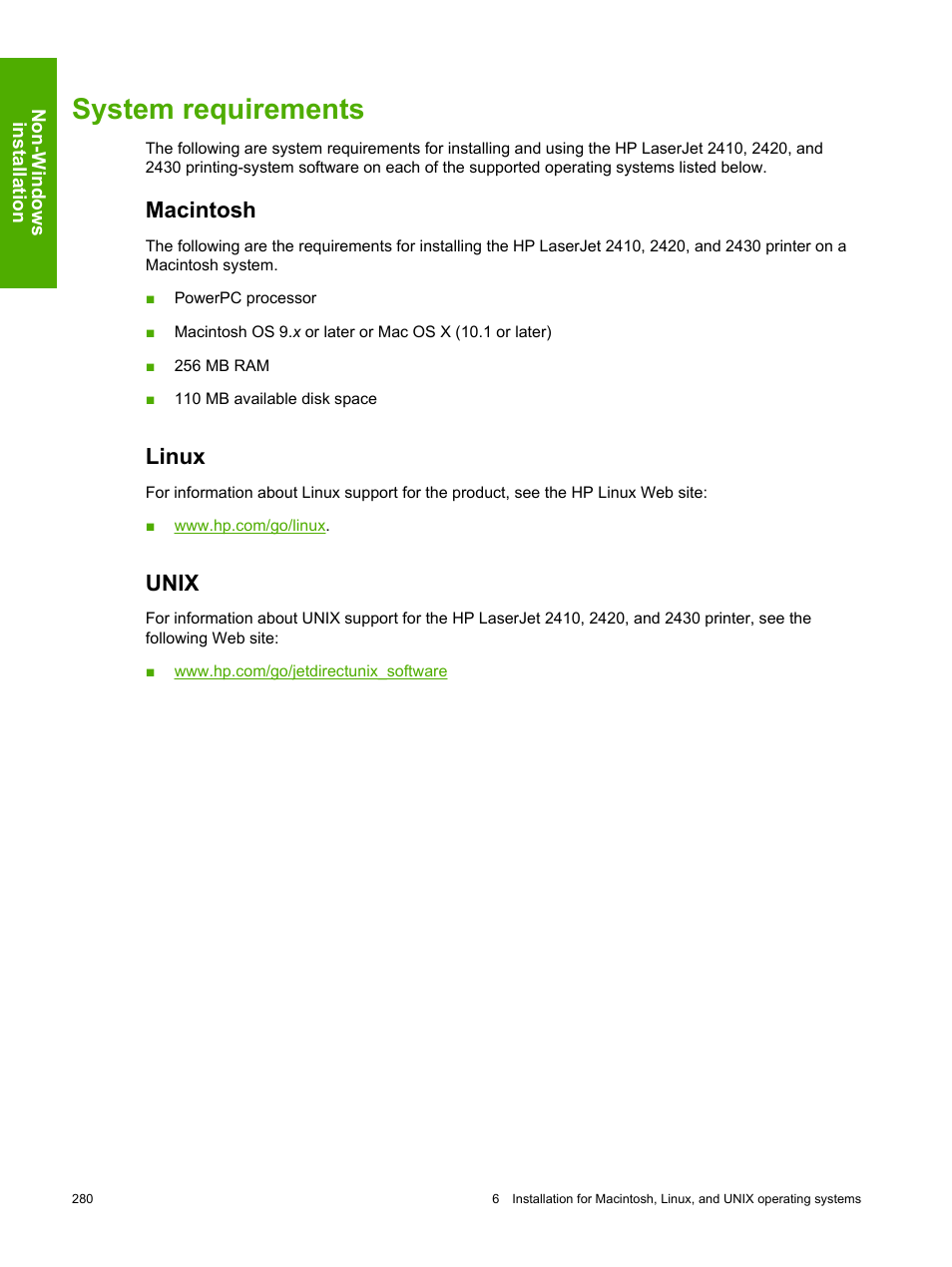 System requirements, Macintosh, Linux | Unix, Macintosh linux unix | HP 2420 User Manual | Page 296 / 334