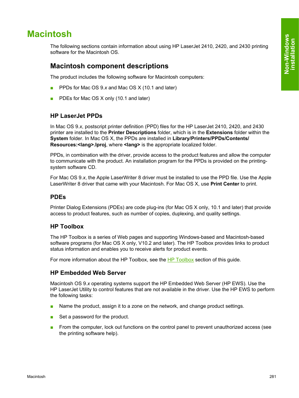 Macintosh, Macintosh component descriptions, Hp laserjet ppds | Pdes, Hp toolbox, Hp embedded web server | HP 2420 User Manual | Page 297 / 334