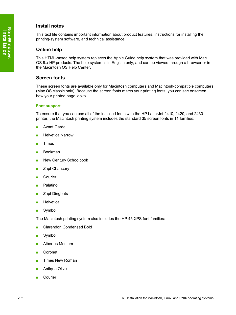 Install notes, Online help, Screen fonts | Font support, Install notes online help screen fonts | HP 2420 User Manual | Page 298 / 334