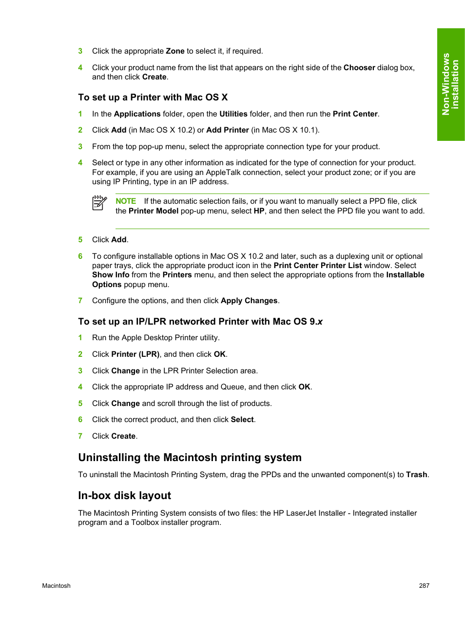 To set up a printer with mac os x, Uninstalling the macintosh printing system, In-box disk layout | HP 2420 User Manual | Page 303 / 334