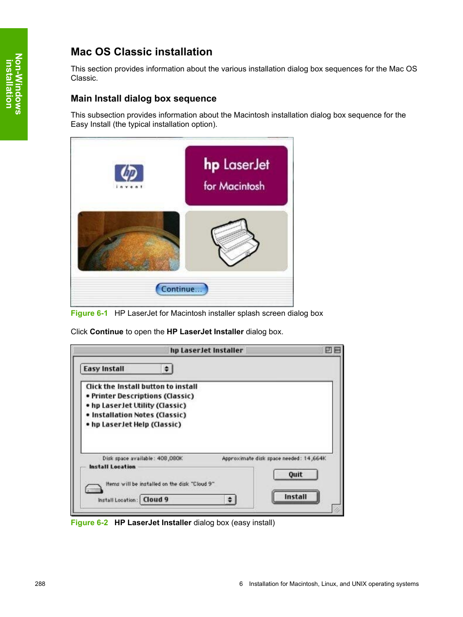 Mac os classic installation, Main install dialog box sequence | HP 2420 User Manual | Page 304 / 334