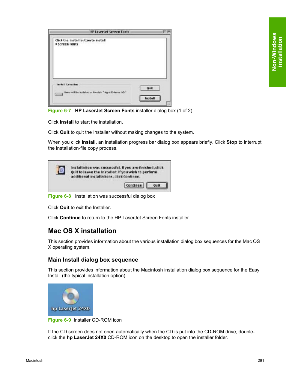 Mac os x installation, Main install dialog box sequence | HP 2420 User Manual | Page 307 / 334