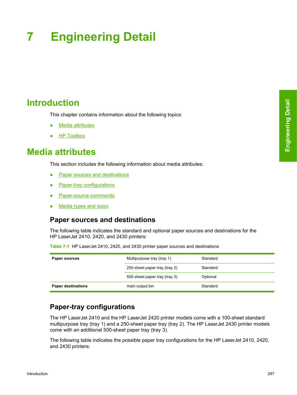 Engineering detail, Introduction, Media attributes | Paper sources and destinations, Paper-tray configurations, 7 engineering detail, Introduction media attributes, Section of this, Section of, 7engineering detail | HP 2420 User Manual | Page 313 / 334