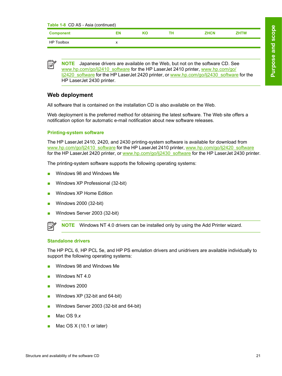 Web deployment, Printing-system software, Standalone drivers | Printing-system software standalone drivers, Purpose and scope | HP 2420 User Manual | Page 37 / 334