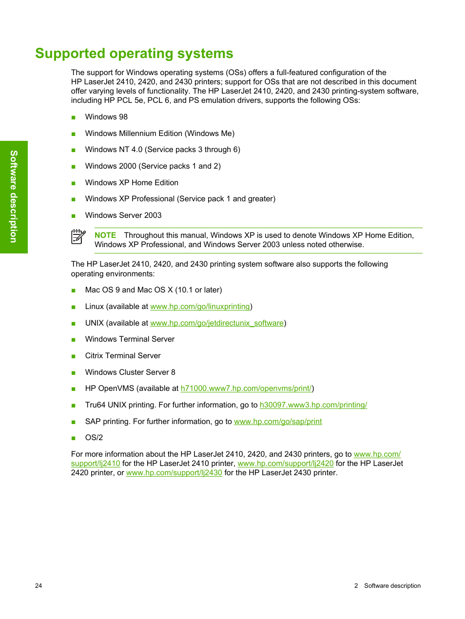 Supported operating systems | HP 2420 User Manual | Page 40 / 334