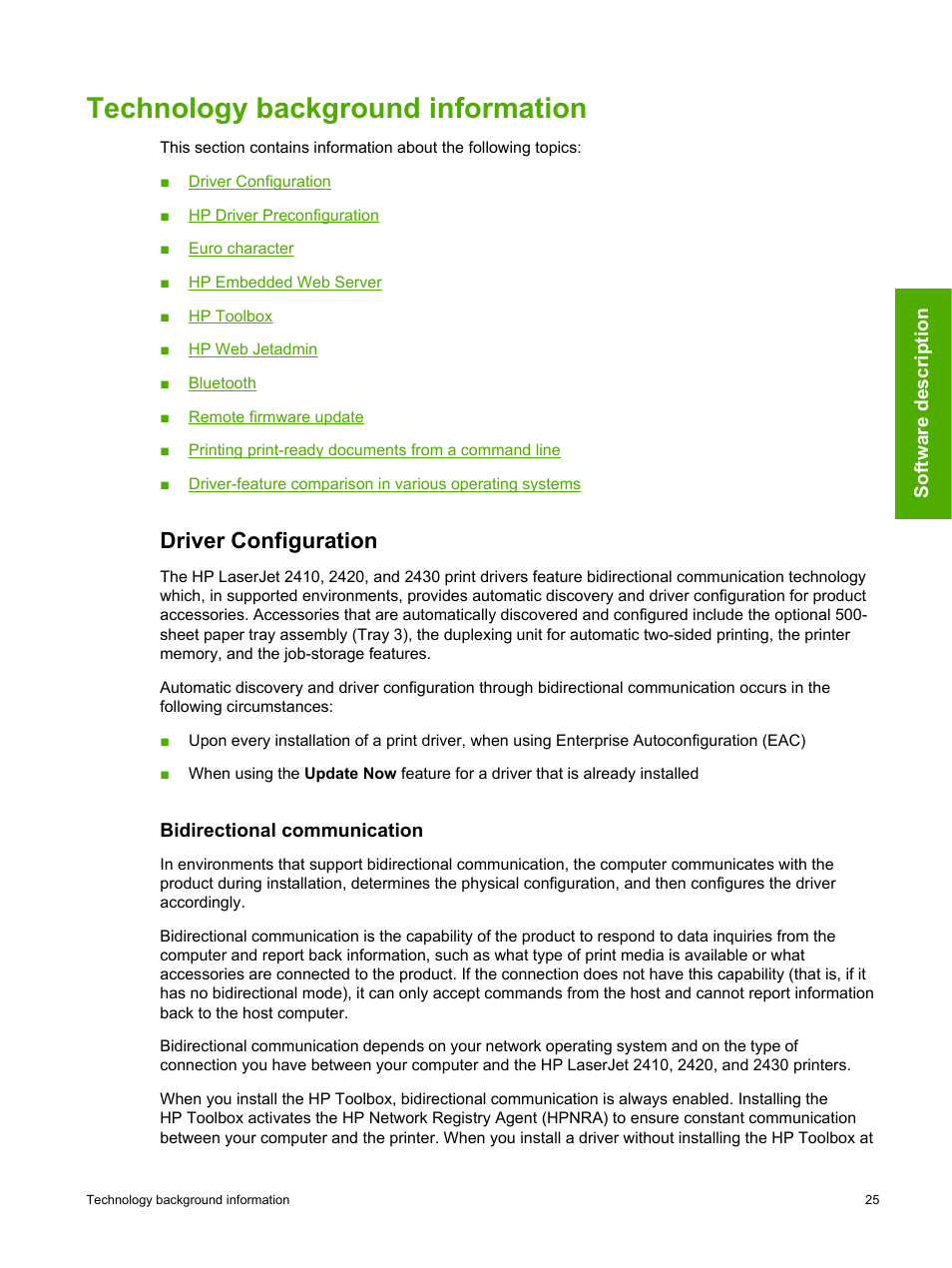 Technology background information, Driver configuration, Bidirectional communication | HP 2420 User Manual | Page 41 / 334