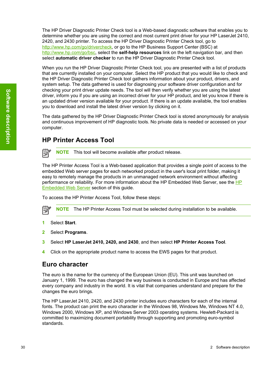 Hp printer access tool, Euro character, Hp printer access tool euro character | HP 2420 User Manual | Page 46 / 334