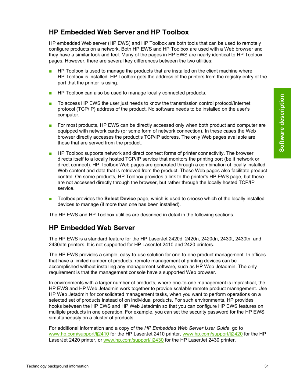 Hp embedded web server and hp toolbox, Hp embedded web server | HP 2420 User Manual | Page 47 / 334