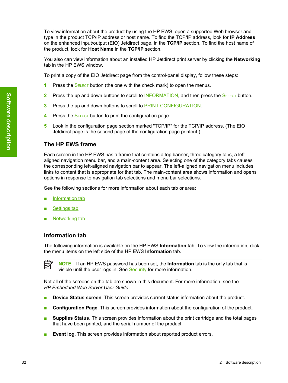 The hp ews frame, Information tab, The hp ews frame information tab | HP 2420 User Manual | Page 48 / 334