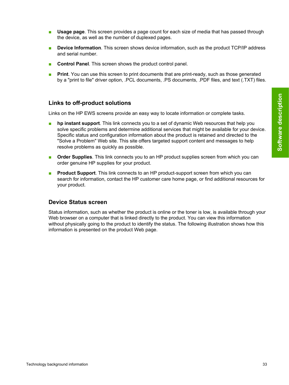 Links to off-product solutions, Device status screen | HP 2420 User Manual | Page 49 / 334