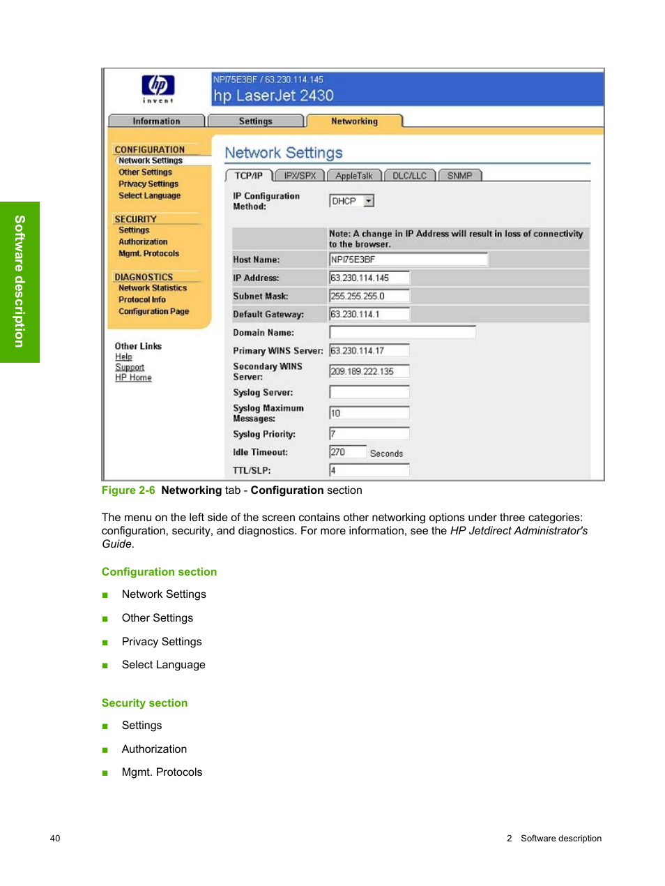 Configuration section, Security section, Configuration section security section | HP 2420 User Manual | Page 56 / 334