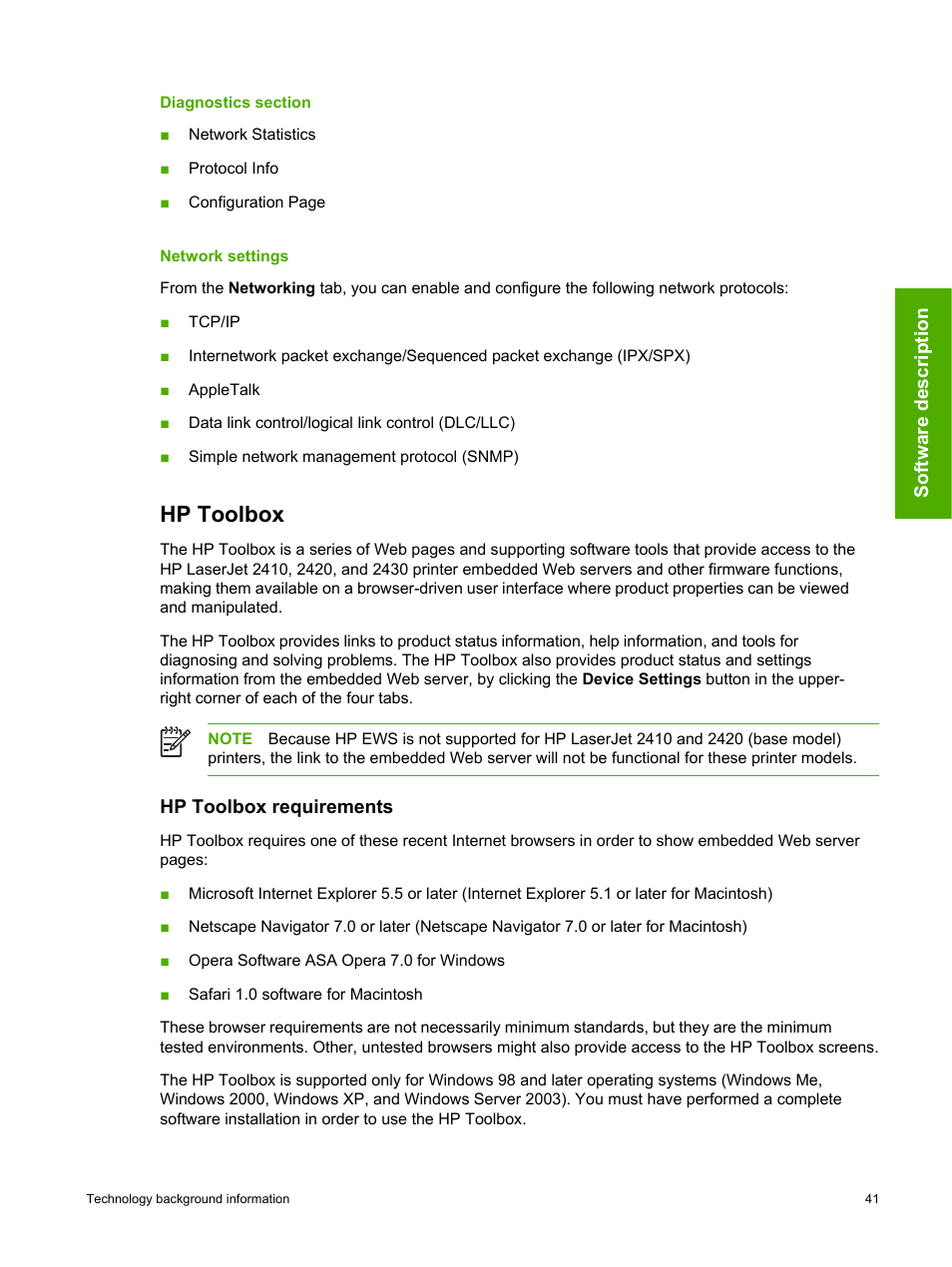 Diagnostics section, Network settings, Hp toolbox | Hp toolbox requirements, Diagnostics section network settings | HP 2420 User Manual | Page 57 / 334