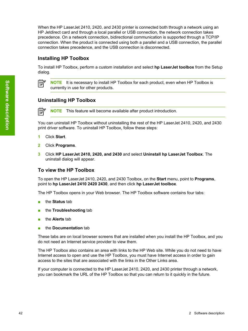 Installing hp toolbox, Uninstalling hp toolbox, To view the hp toolbox | HP 2420 User Manual | Page 58 / 334