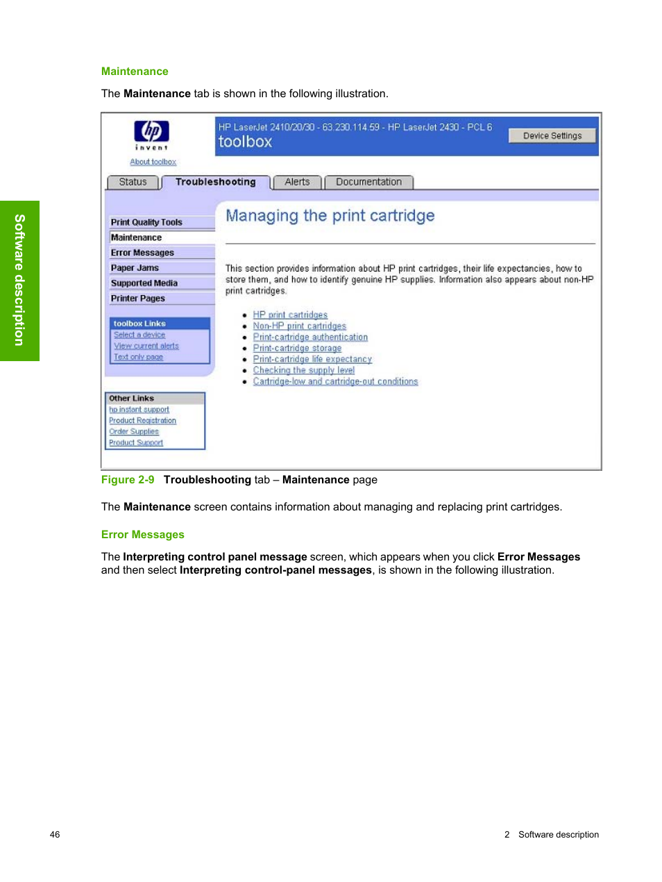 Maintenance, Error messages, Maintenance error messages | Software description | HP 2420 User Manual | Page 62 / 334
