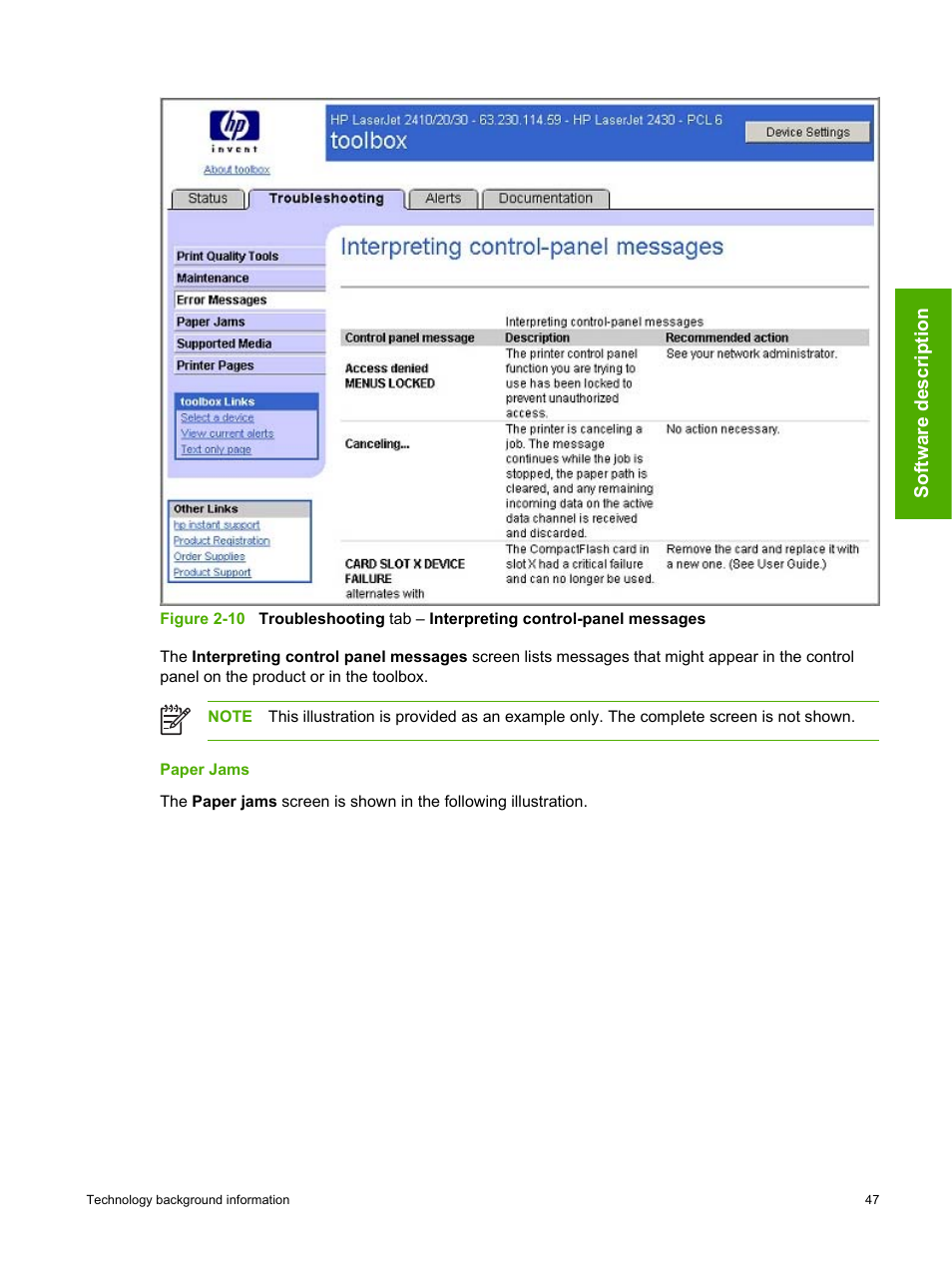 Paper jams, Software description | HP 2420 User Manual | Page 63 / 334