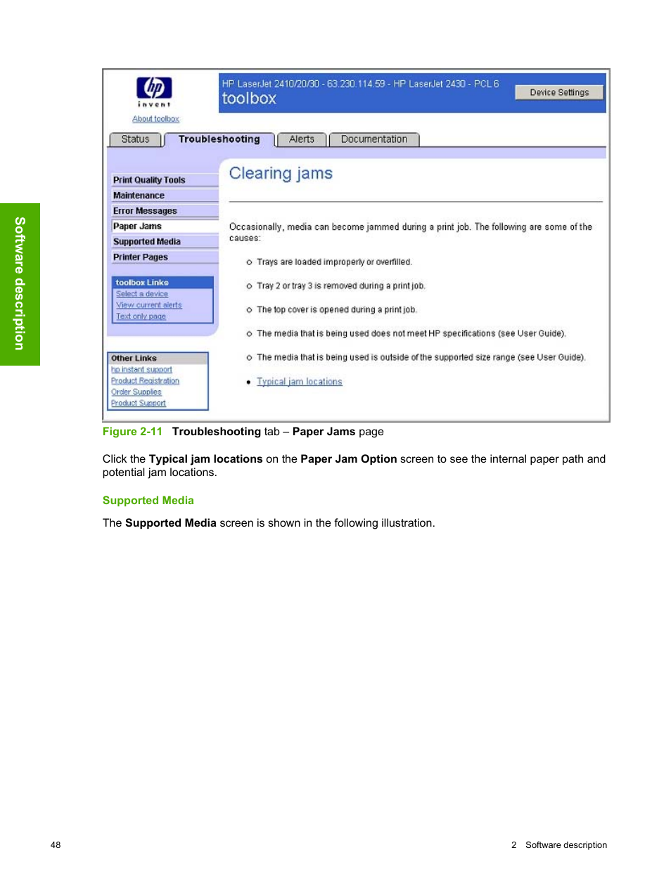 Supported media, Software description | HP 2420 User Manual | Page 64 / 334