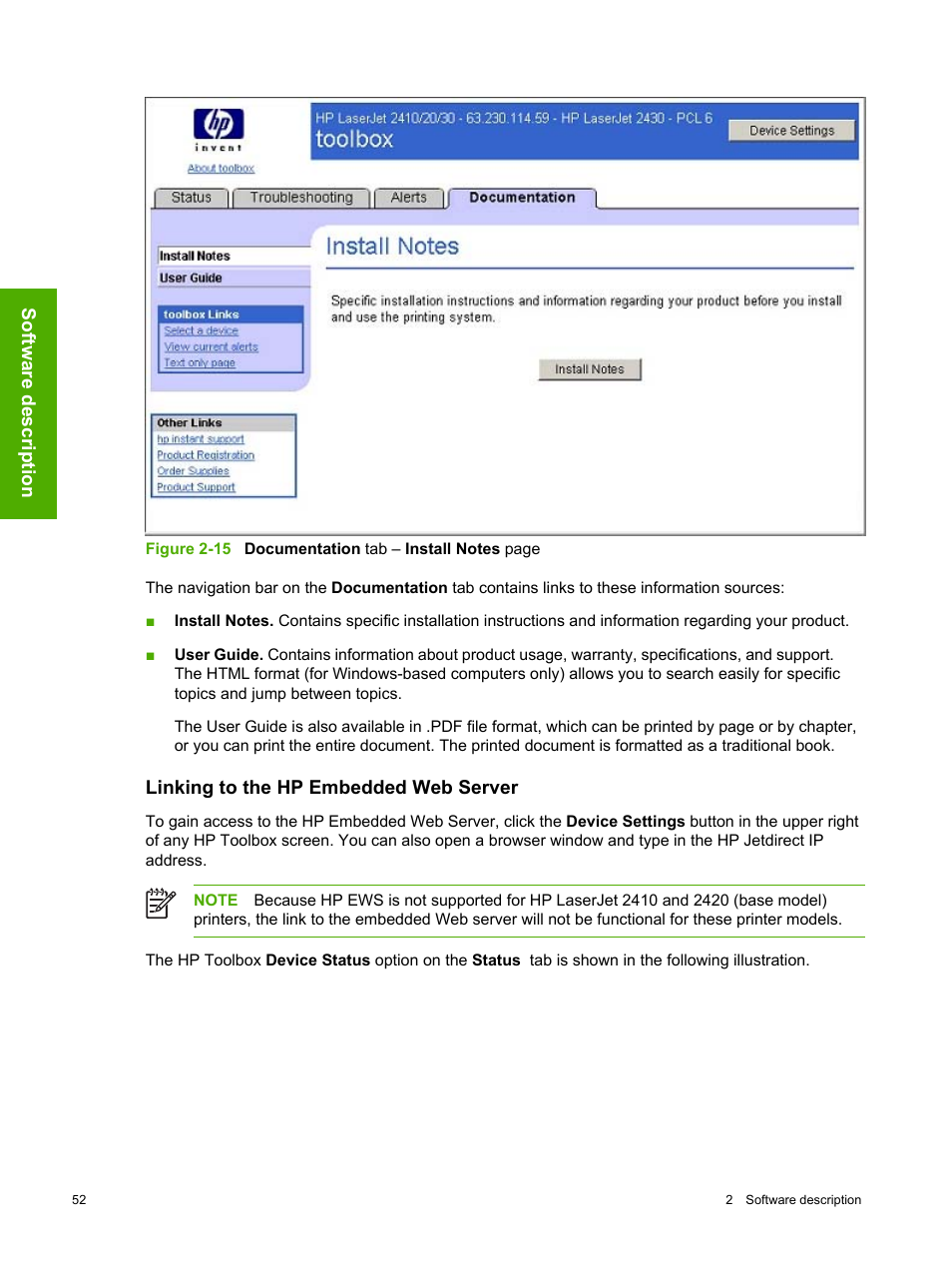 Linking to the hp embedded web server | HP 2420 User Manual | Page 68 / 334