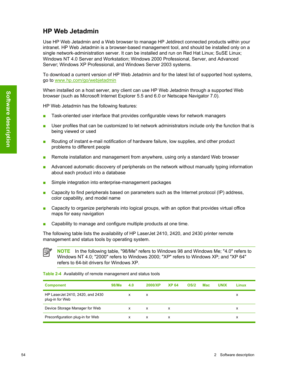 Hp web jetadmin, Software description | HP 2420 User Manual | Page 70 / 334