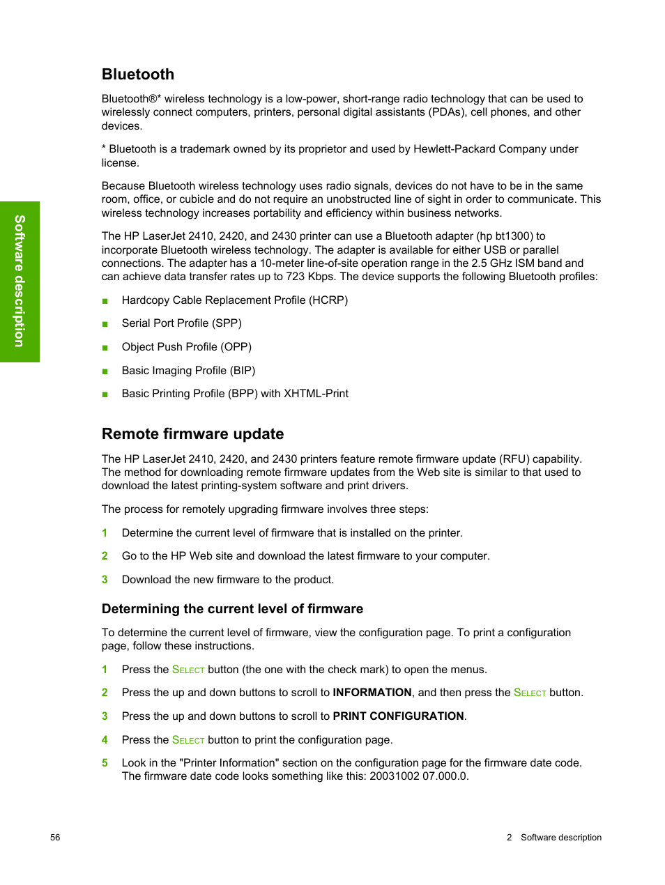 Bluetooth, Remote firmware update, Determining the current level of firmware | Bluetooth remote firmware update | HP 2420 User Manual | Page 72 / 334