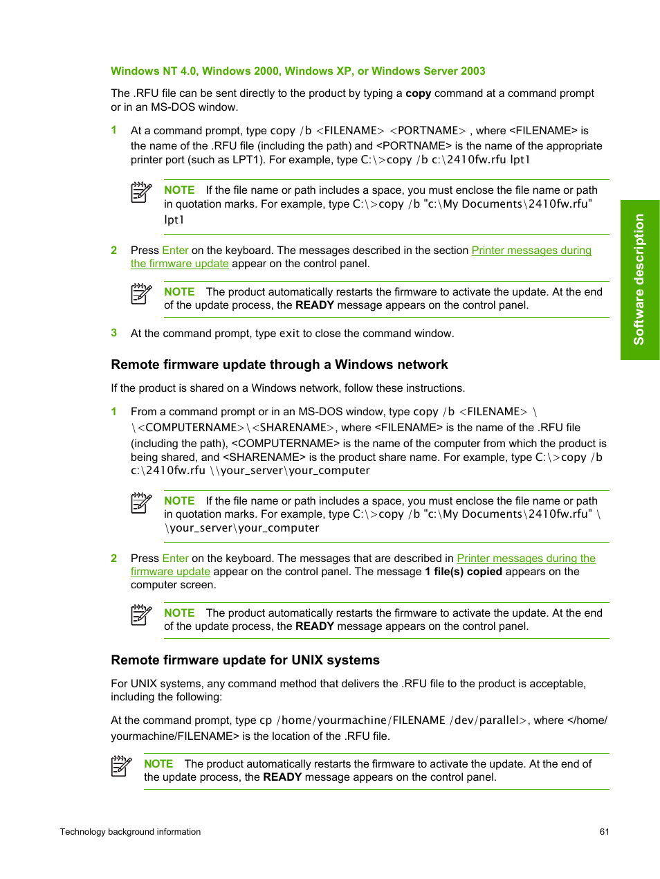 Remote firmware update through a windows network, Remote firmware update for unix systems | HP 2420 User Manual | Page 77 / 334