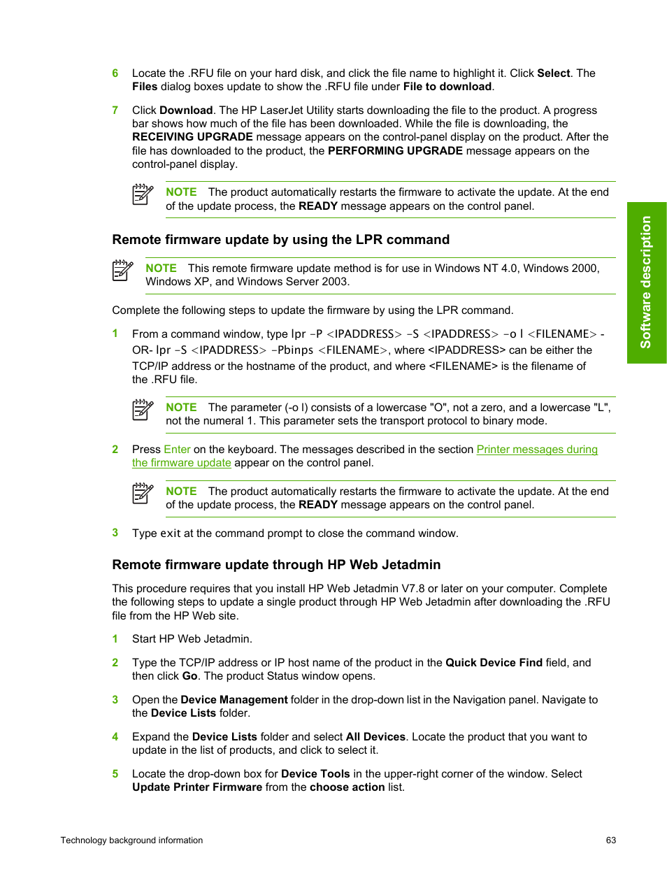 Remote firmware update by using the lpr command, Remote firmware update through hp web jetadmin | HP 2420 User Manual | Page 79 / 334