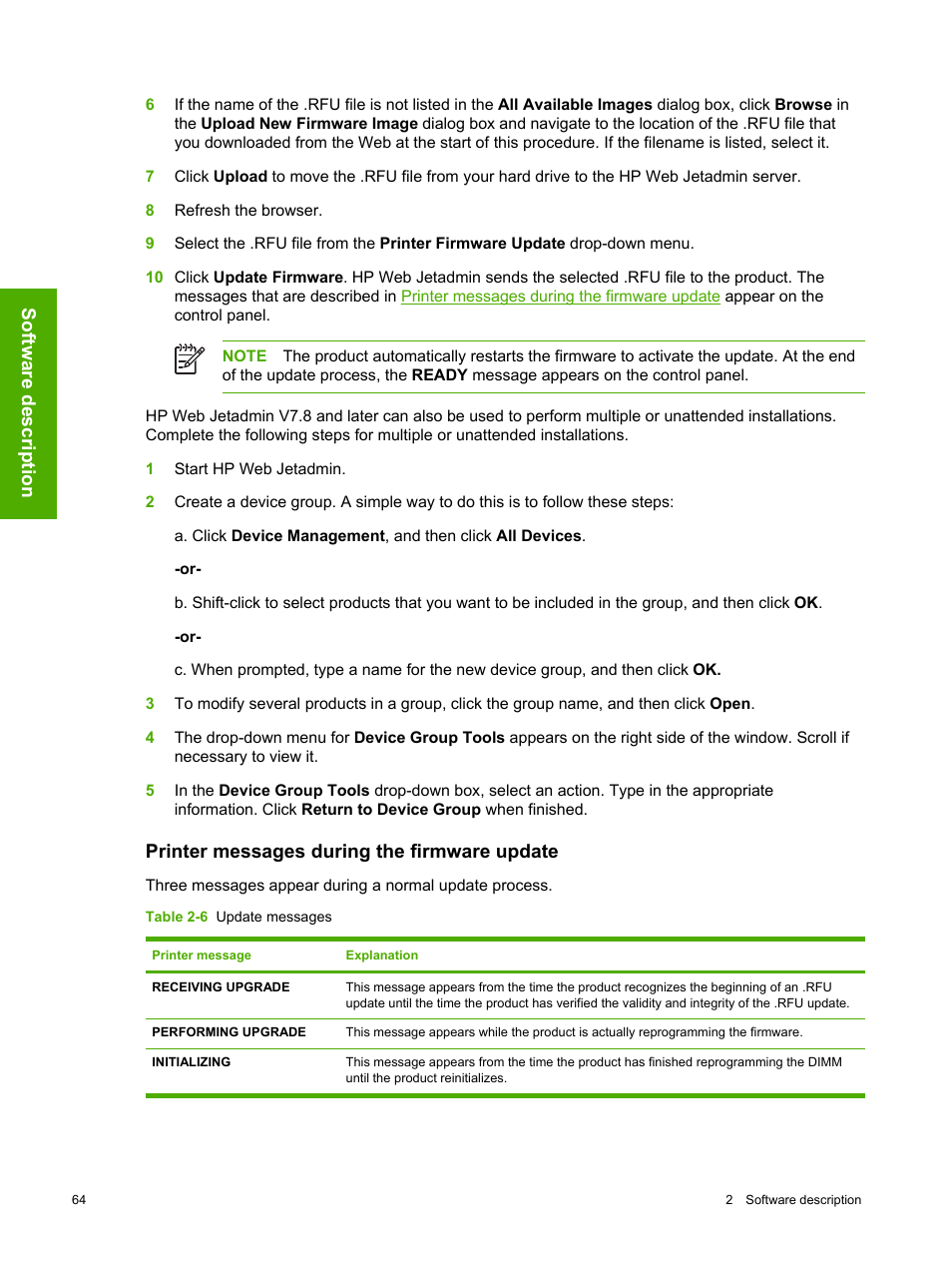 Printer messages during the firmware update, Printer messages during the, Firmware update | Appear on, Section, Printer messages during, The firmware update, Software description | HP 2420 User Manual | Page 80 / 334