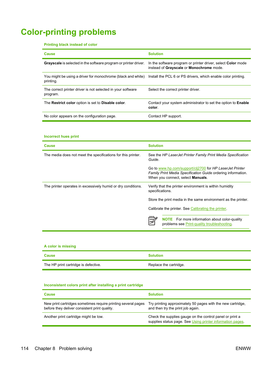 Color-printing problems, 114 chapter 8 problem solving enww | HP 2700 User Manual | Page 124 / 182