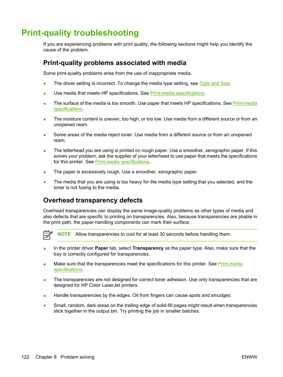 Print-quality troubleshooting, Print-quality problems associated with media, Overhead transparency defects | Oblems see | HP 2700 User Manual | Page 132 / 182