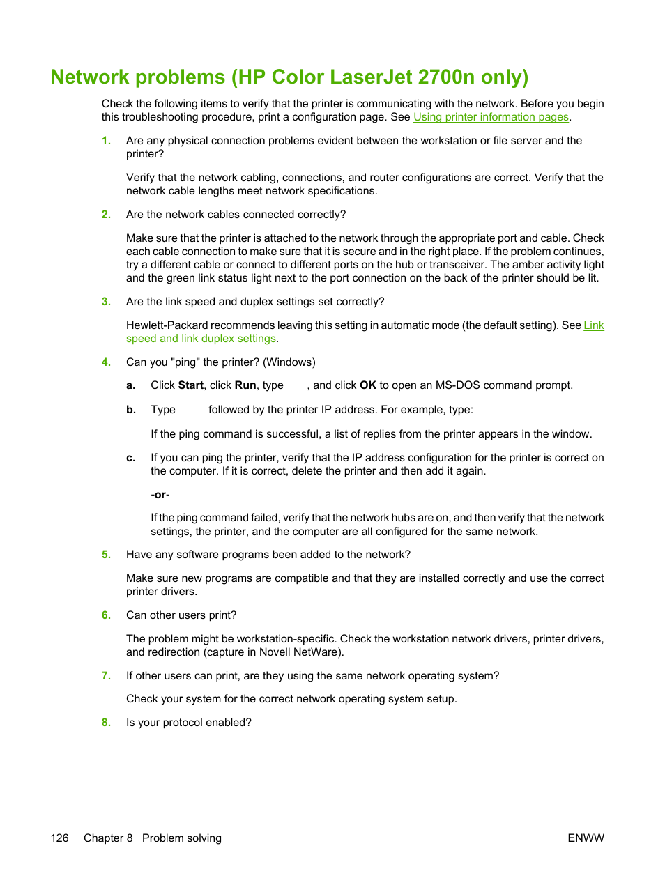 Network problems (hp color laserjet 2700n only) | HP 2700 User Manual | Page 136 / 182