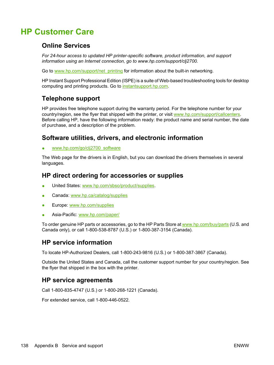Hp customer care, Online services, Telephone support | Hp direct ordering for accessories or supplies, Hp service information, Hp service agreements | HP 2700 User Manual | Page 148 / 182