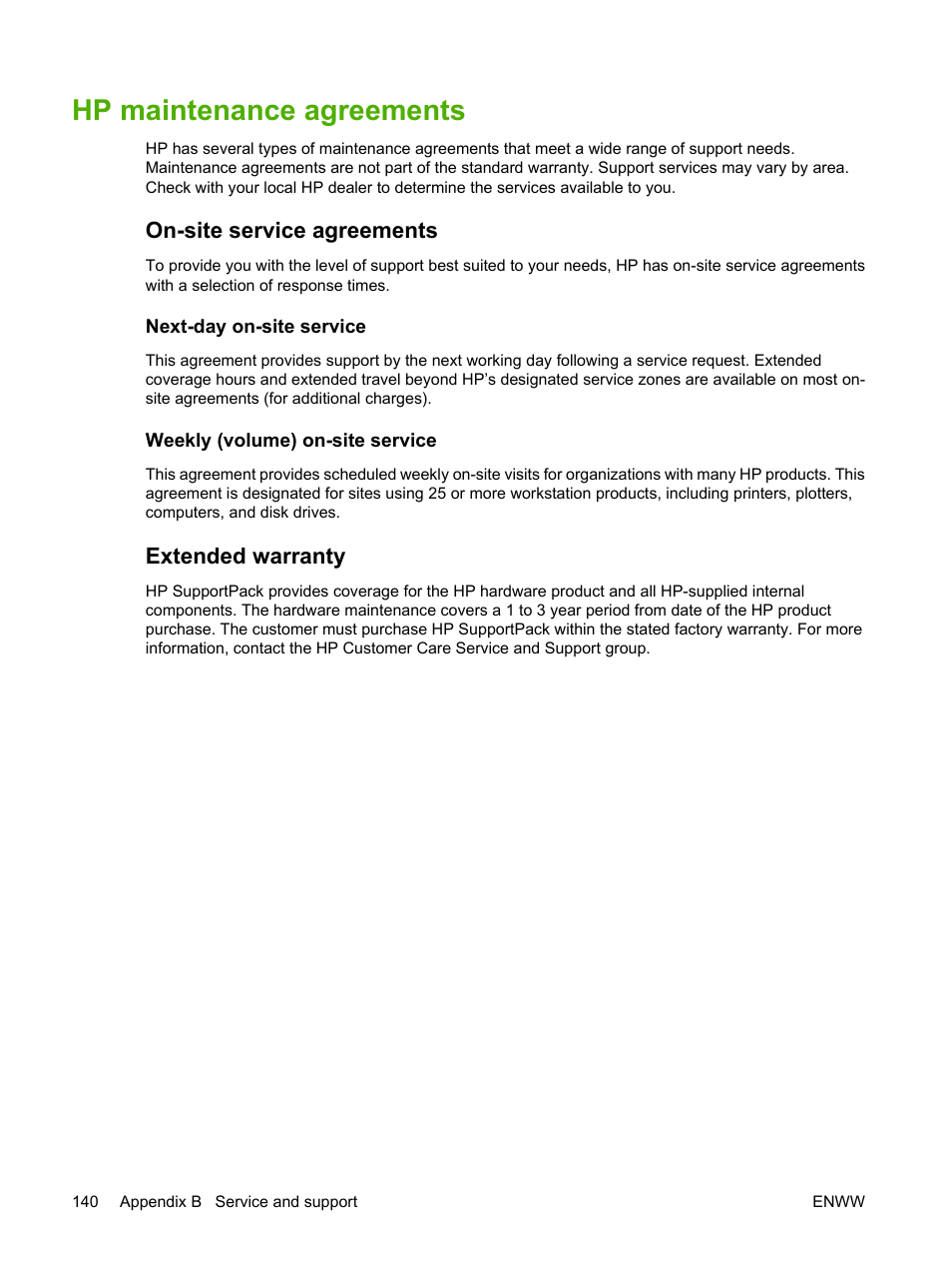 Hp maintenance agreements, On-site service agreements, Next-day on-site service | Weekly (volume) on-site service, Extended warranty | HP 2700 User Manual | Page 150 / 182