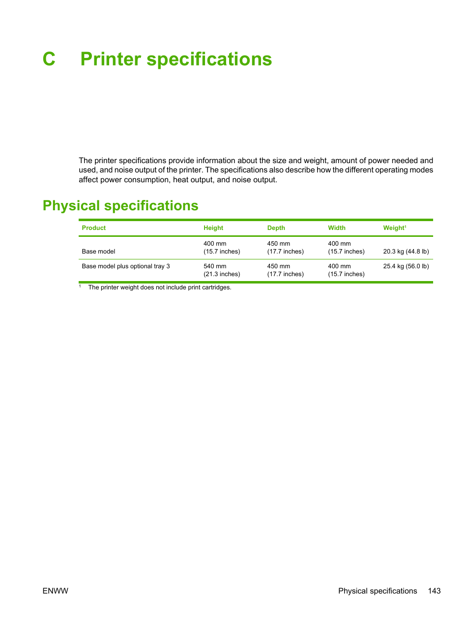 Printer specifications, Physical specifications, Appendix c printer specifications | Cprinter specifications | HP 2700 User Manual | Page 153 / 182