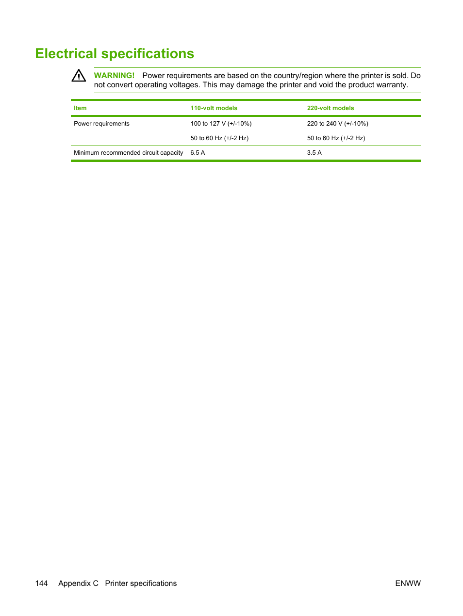 Electrical specifications | HP 2700 User Manual | Page 154 / 182