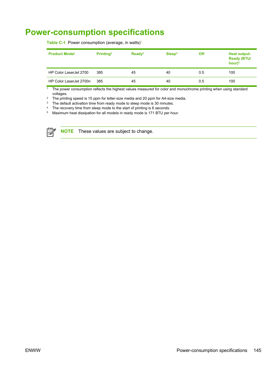 Power-consumption specifications | HP 2700 User Manual | Page 155 / 182