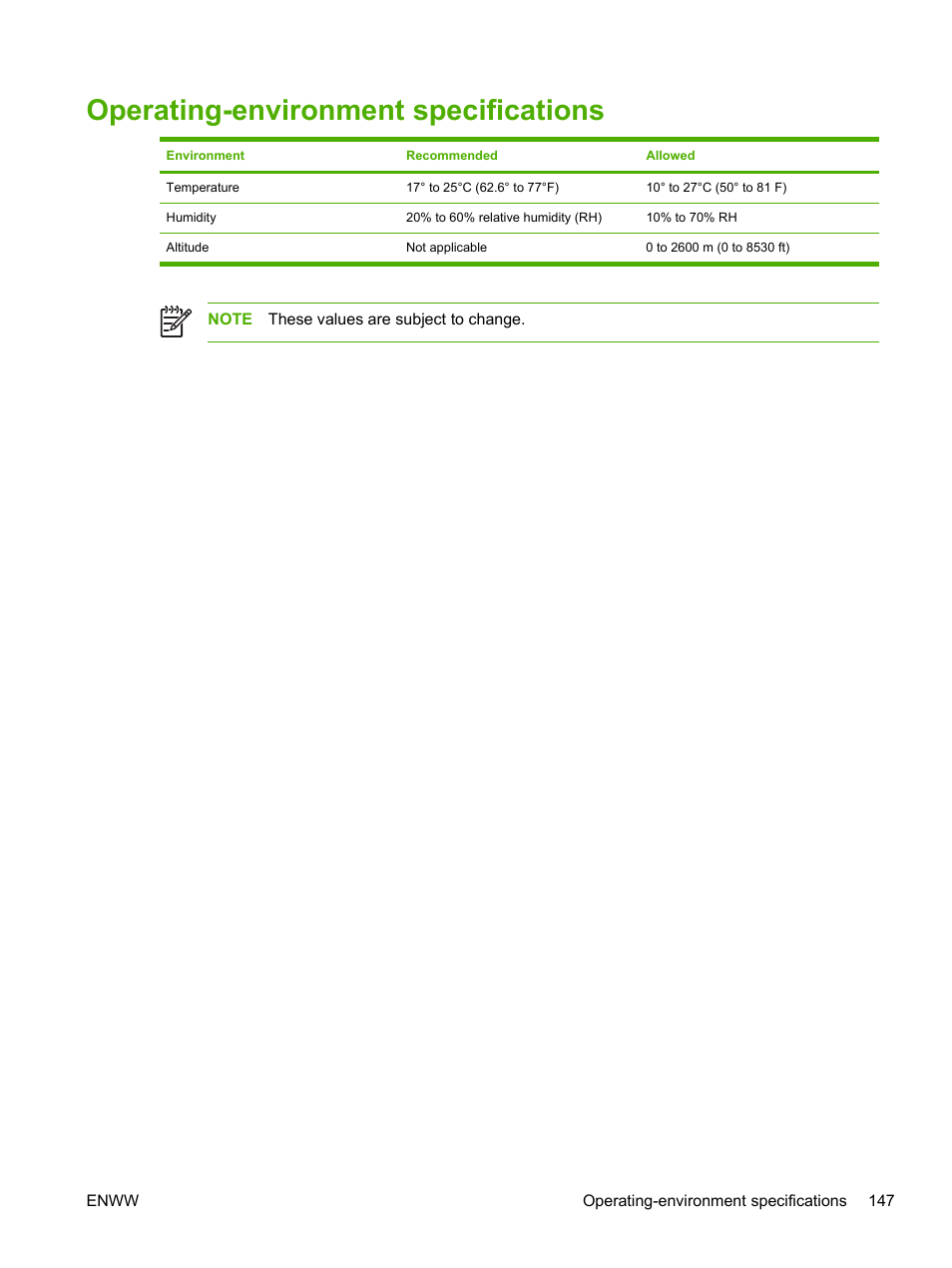 Operating-environment specifications | HP 2700 User Manual | Page 157 / 182